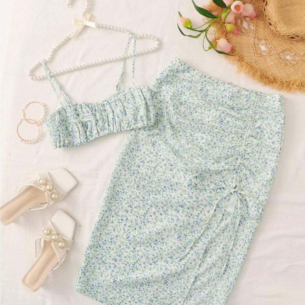 SHEIN Green Ruched Midi Pencil Skirt